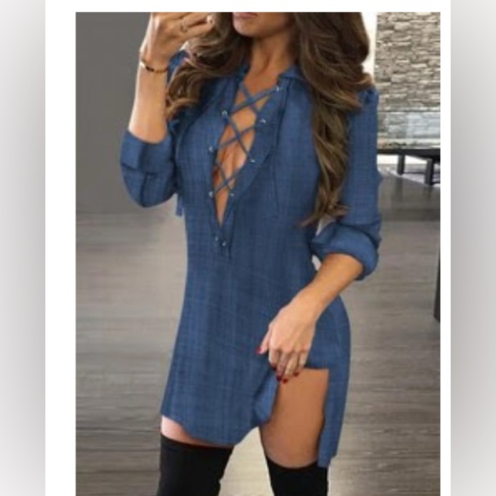 Blue Lace-Up Tunic Top